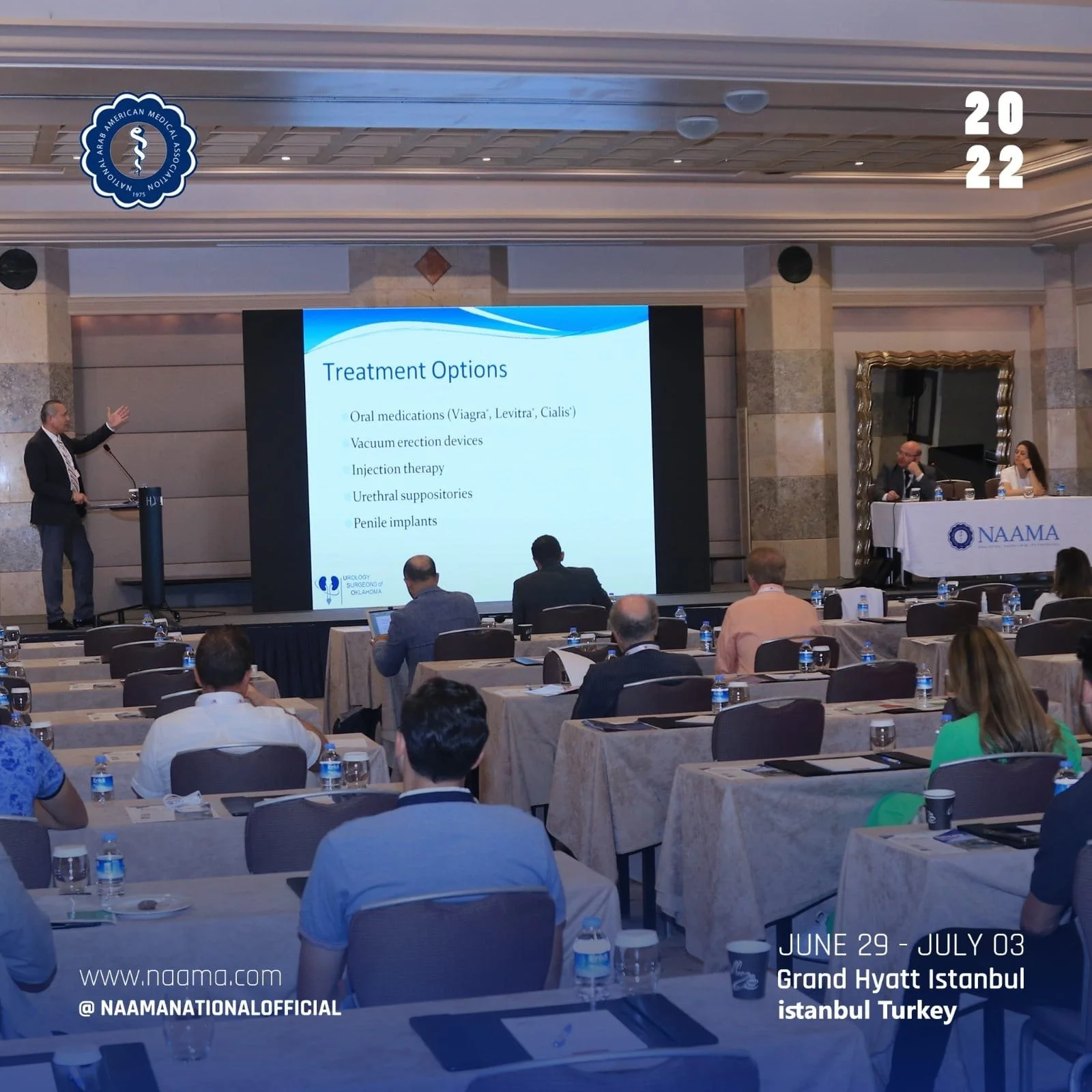 A conference room with a presentation slide titled "Treatment Options" listing various medical treatments. Attendees seated at tables, a speaker at a podium, and panelists at a table with a NAAMA banner. The event is held at Grand Hyatt Istanbul, Tur