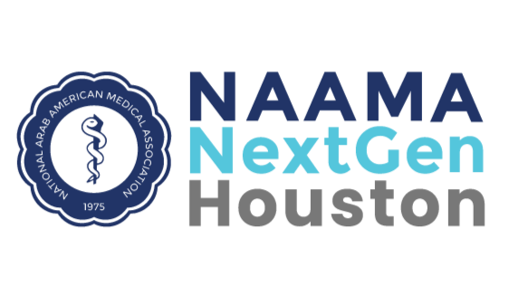 NAAMA NextGen Houston logo with a blue scalloped circle and a snake entwined around a staff.