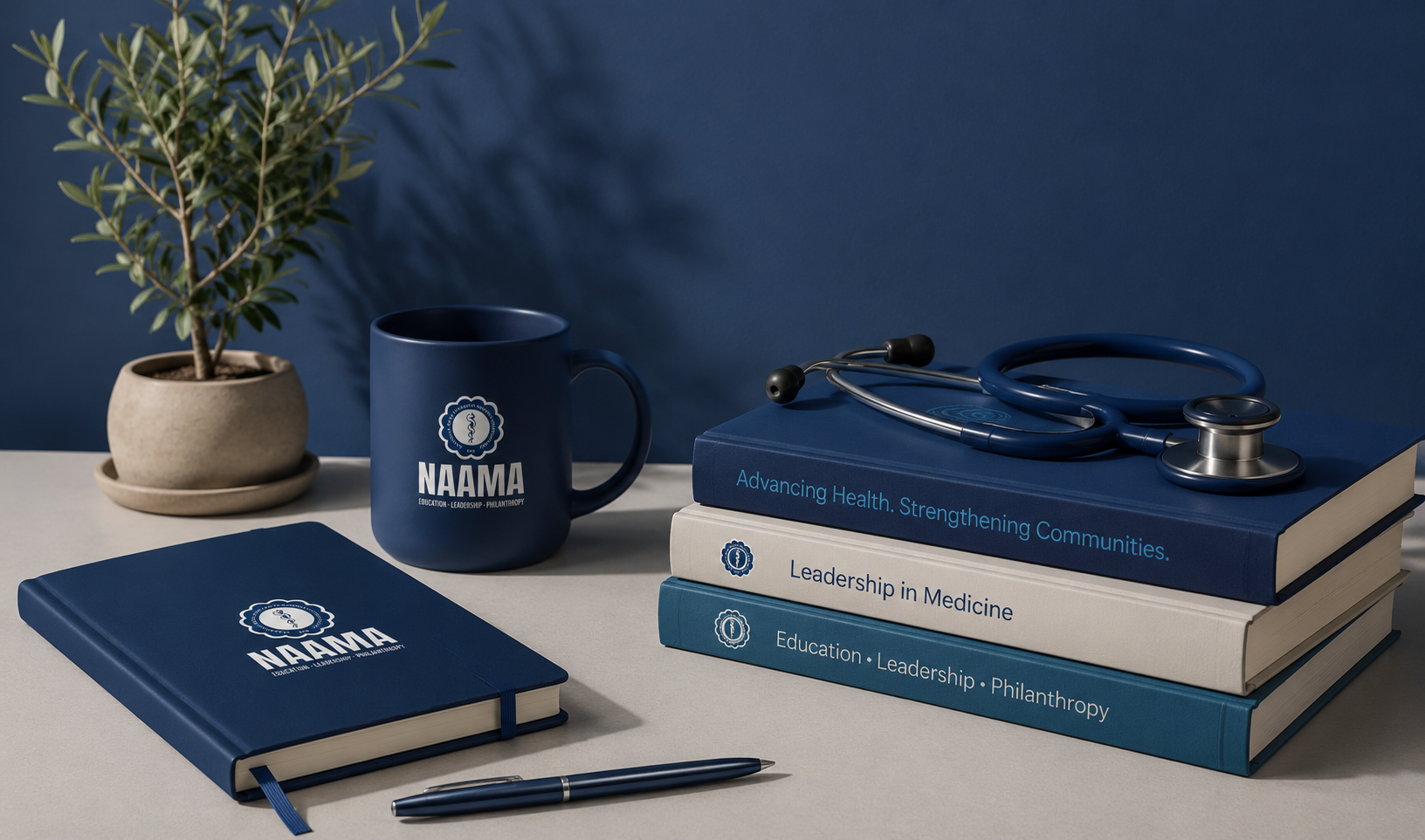 Arrangement of medical and academic items with NAAMA branding, including a dark blue mug, a notebook with bookmarks, a stack of three law books on health, medicine, leadership, and philanthropy, a stethoscope, a pen, and a potted plant on a white surface against a blue background.