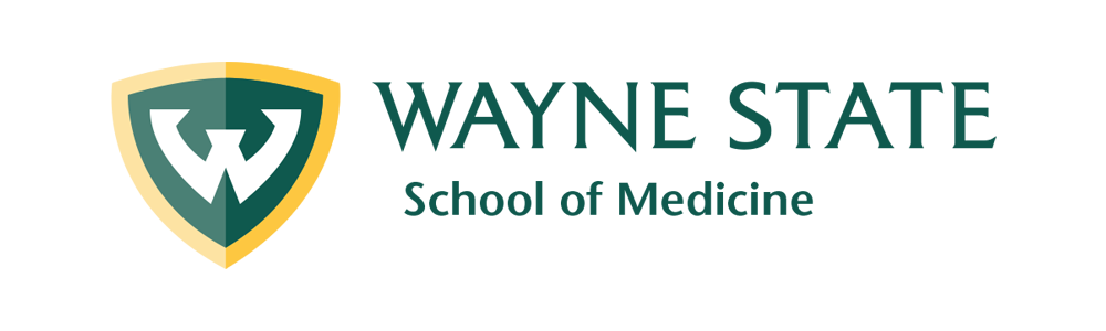 Wayne State University School of Medicine logo with shield emblem and green and gold colors.