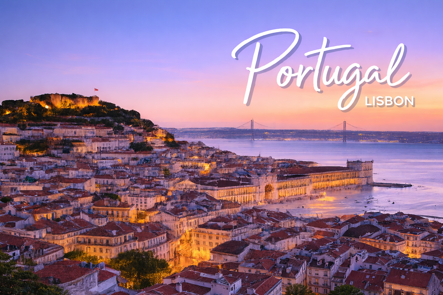 A picturesque view of Lisbon, Portugal during sunset with terracotta rooftops, a hilltop castle, and the bridge in the background.