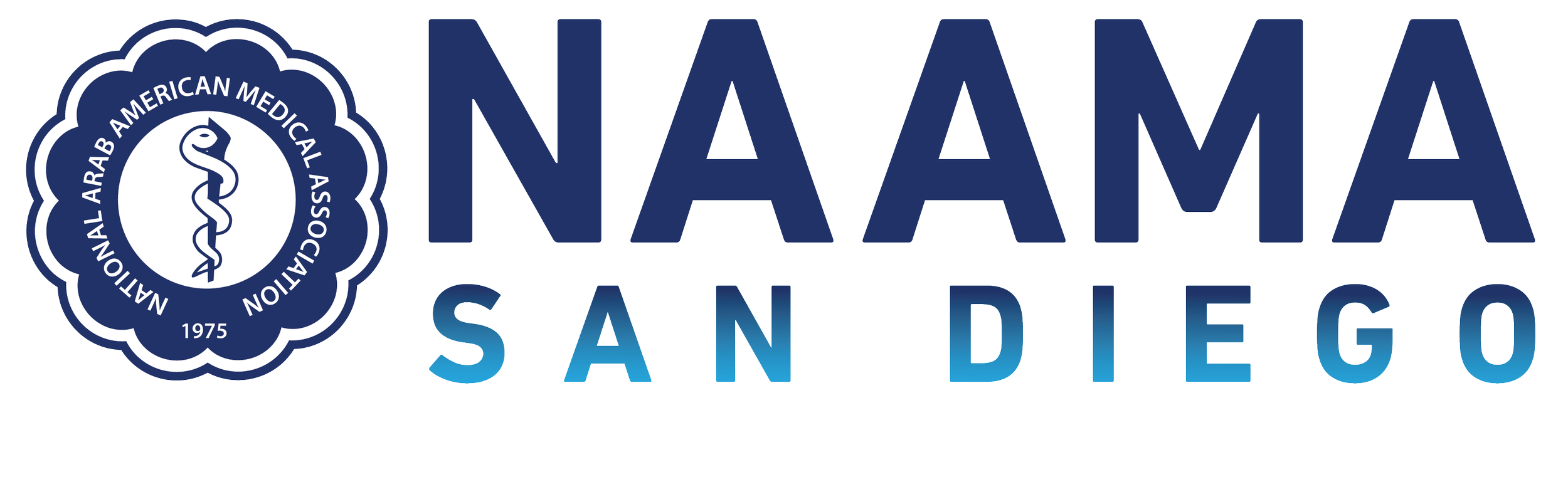 NAAMSA San Diego logo with a circular emblem featuring a snake and staff and the text 'National Arab American Medical Association 1975'