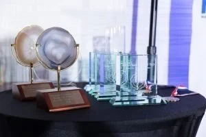 Display of two trophies and a set of five test tubes on a black table