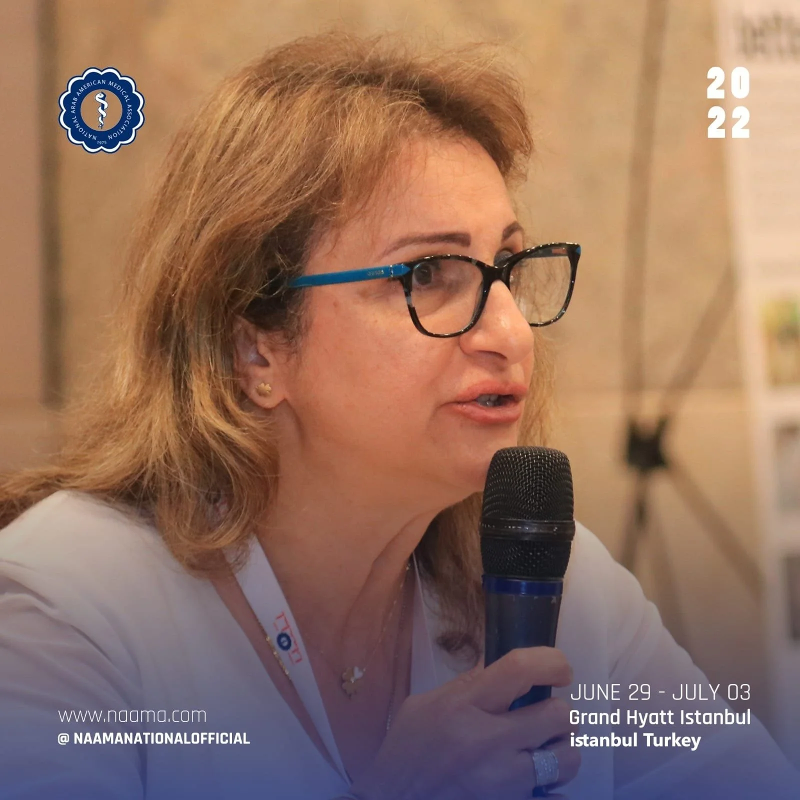 A woman with light brown hair and glasses holding a microphone, speaking at an event. The event info and dates are on the right, and a logo is on the top left. The text indicates the event took place from June 29 to July 3 at Grand Hyatt Istanbul, Tu