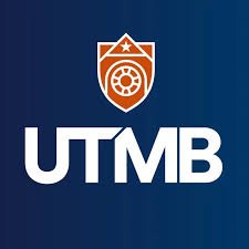 Logo of UTMB with a shield design containing a star and circular gear, on a blue background.