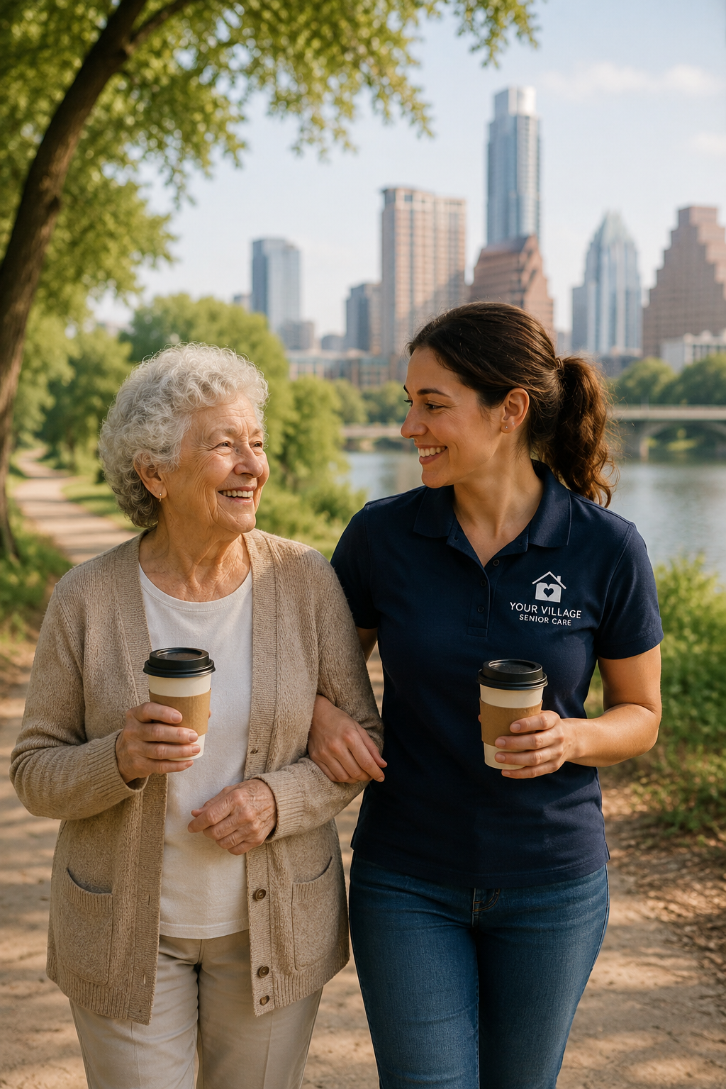 Senior companion and older adult enjoying coffee in Austin Texas