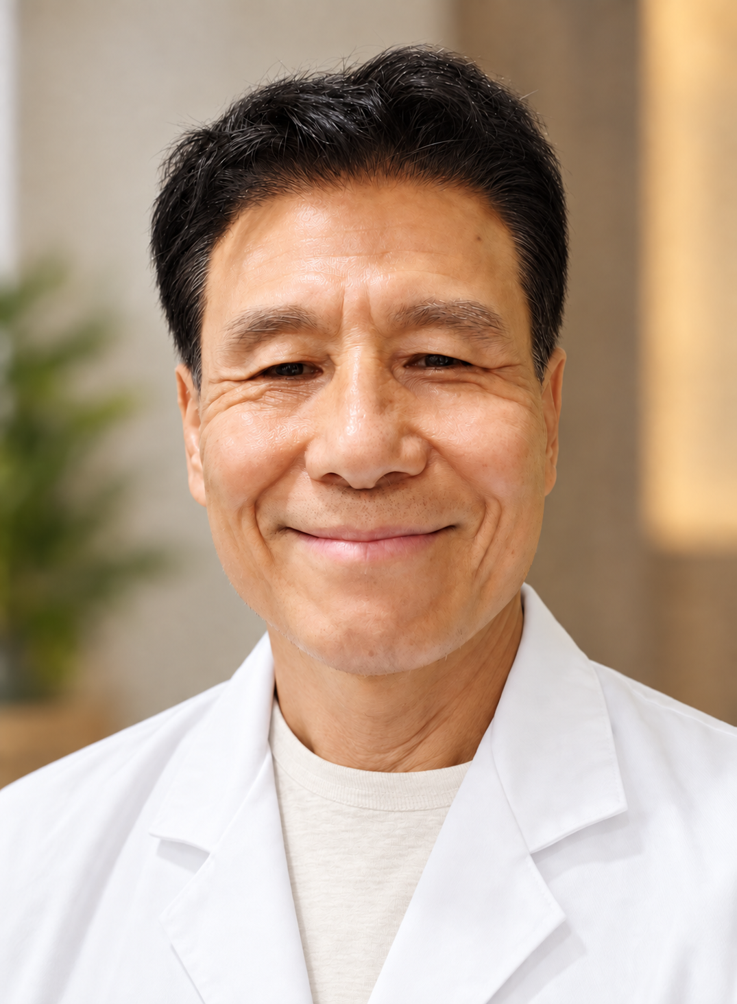 Dr. David Park in a white coat and ivory shirt