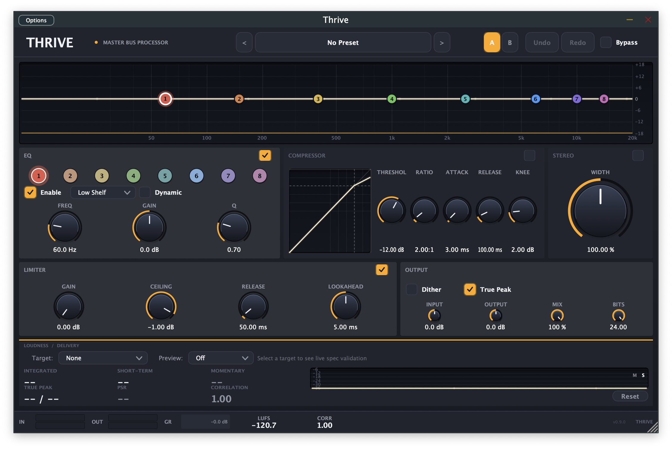 Screenshot of audio processing software called Thrive, showing equalizer and compression settings, with a waveform graph and various controls for sound adjustment.