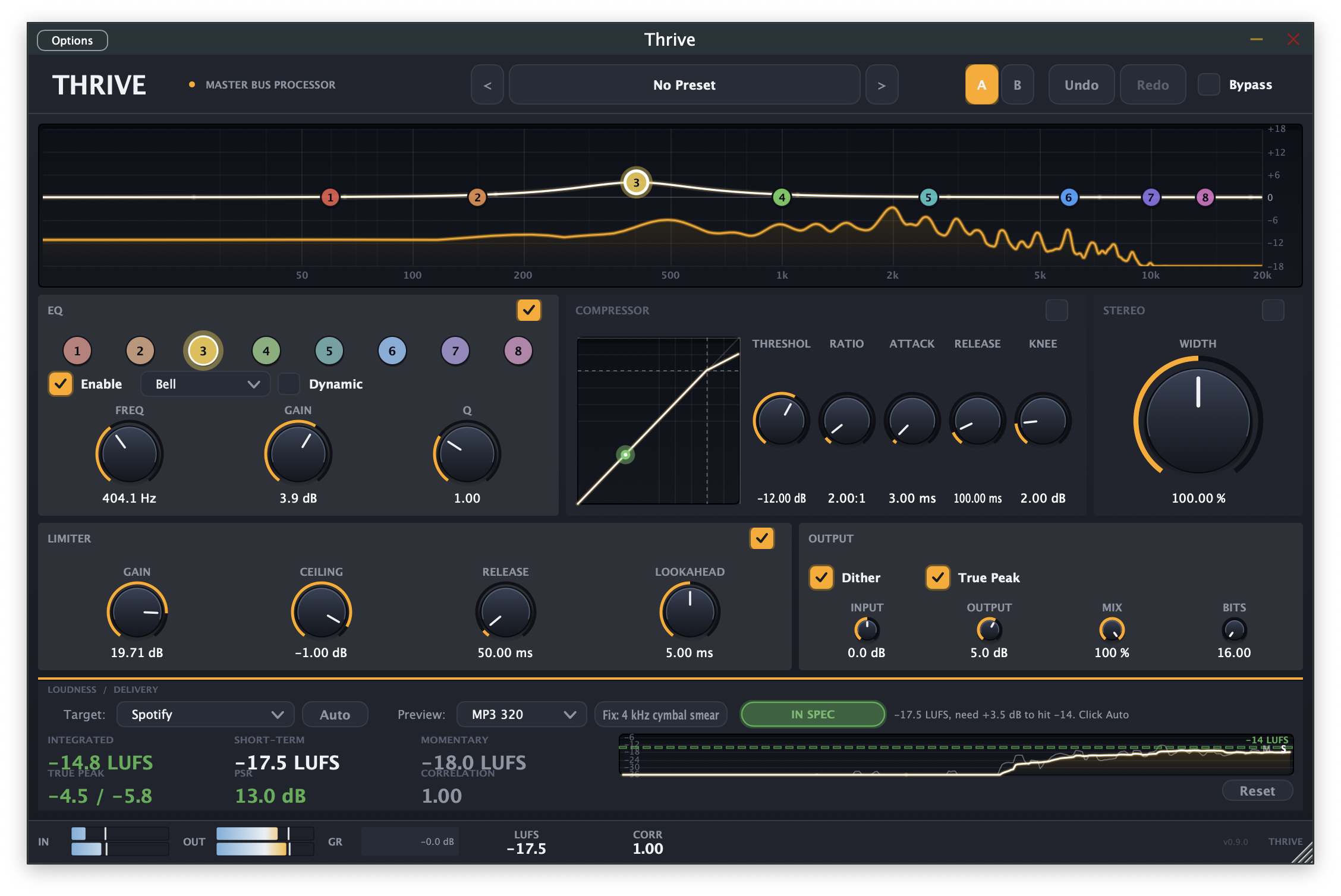 A screenshot of the audio processing software Thrive's interface, showing various equalizer, compressor, limiter, and loudness/delivery settings, with a graph and multiple controls for sound adjustments.