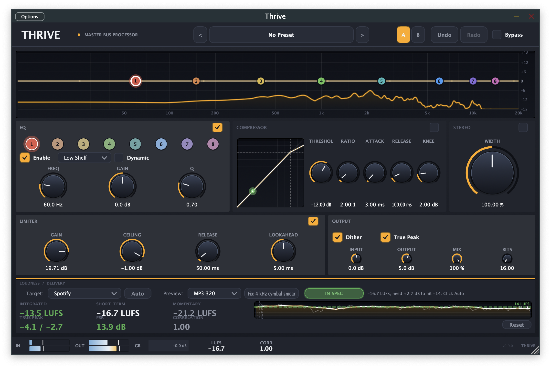 Screenshot of an audio equalizer plugin interface named Thrive, showing various controls for sound shaping, including frequency sliders, gain and Q knobs, a gain chart, and volume meters, with settings for target platform, preview format, and audio processing details.