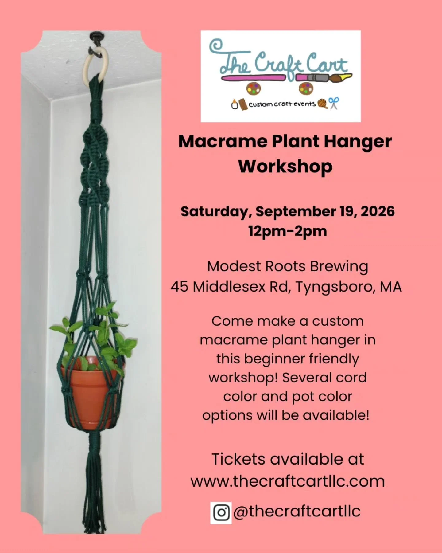 Join me at Modest Roots Brewing on Saturday, September 19th for a macrame plant hanger workshop!! Beginner friendly with several color options available!! 
These are sooo cute and can be customized as well 💜
Tickets available at www.thecraftcartllc.