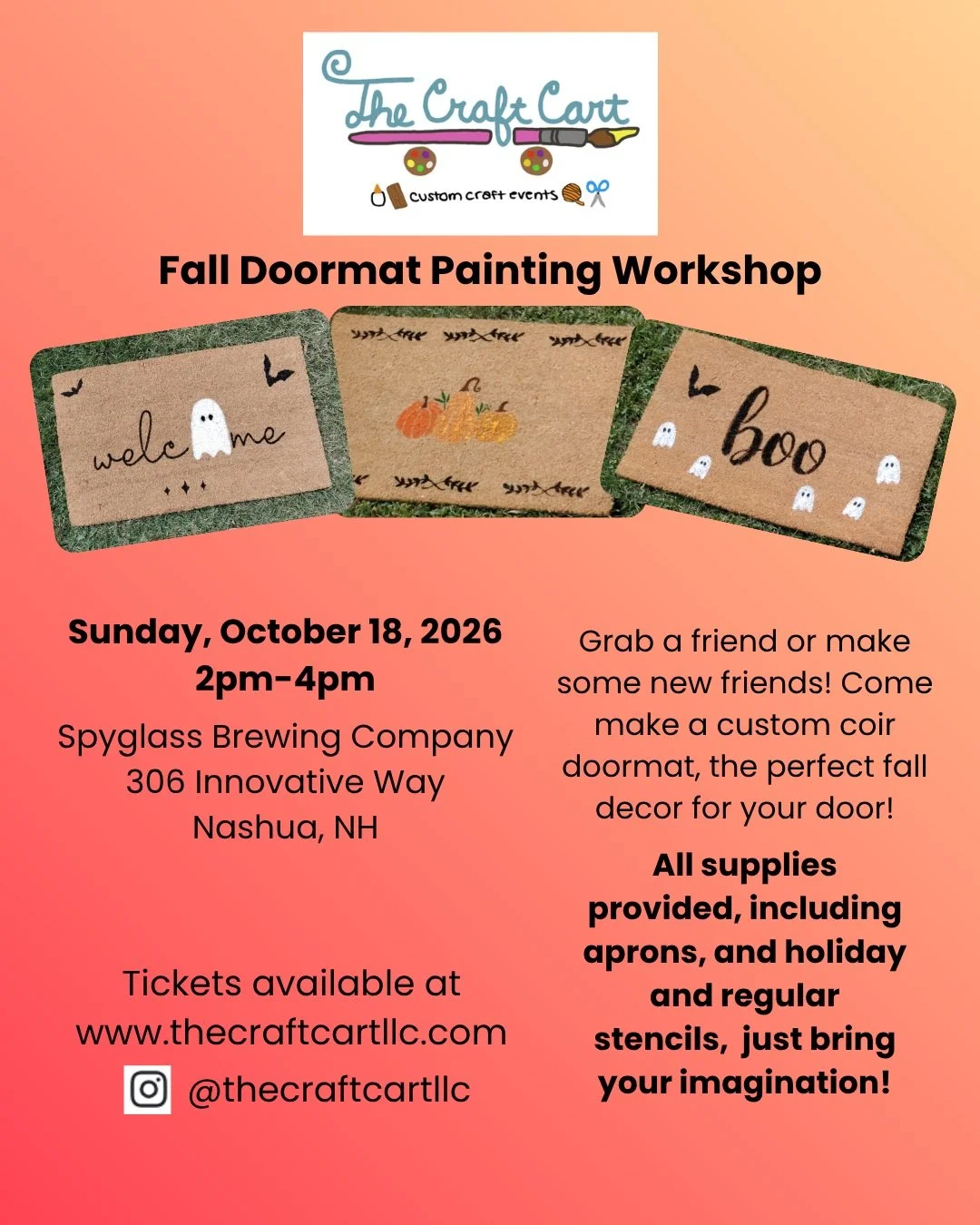 Come make a custom painted doormat on Sunday, October 18th at Spyglass Brewing Company in Nashua NH!!
I will have holiday and non-holiday stencils available. But no judgement if you are like me and leave your Halloween mat out all year 🤷&zwj;♀️
Tick