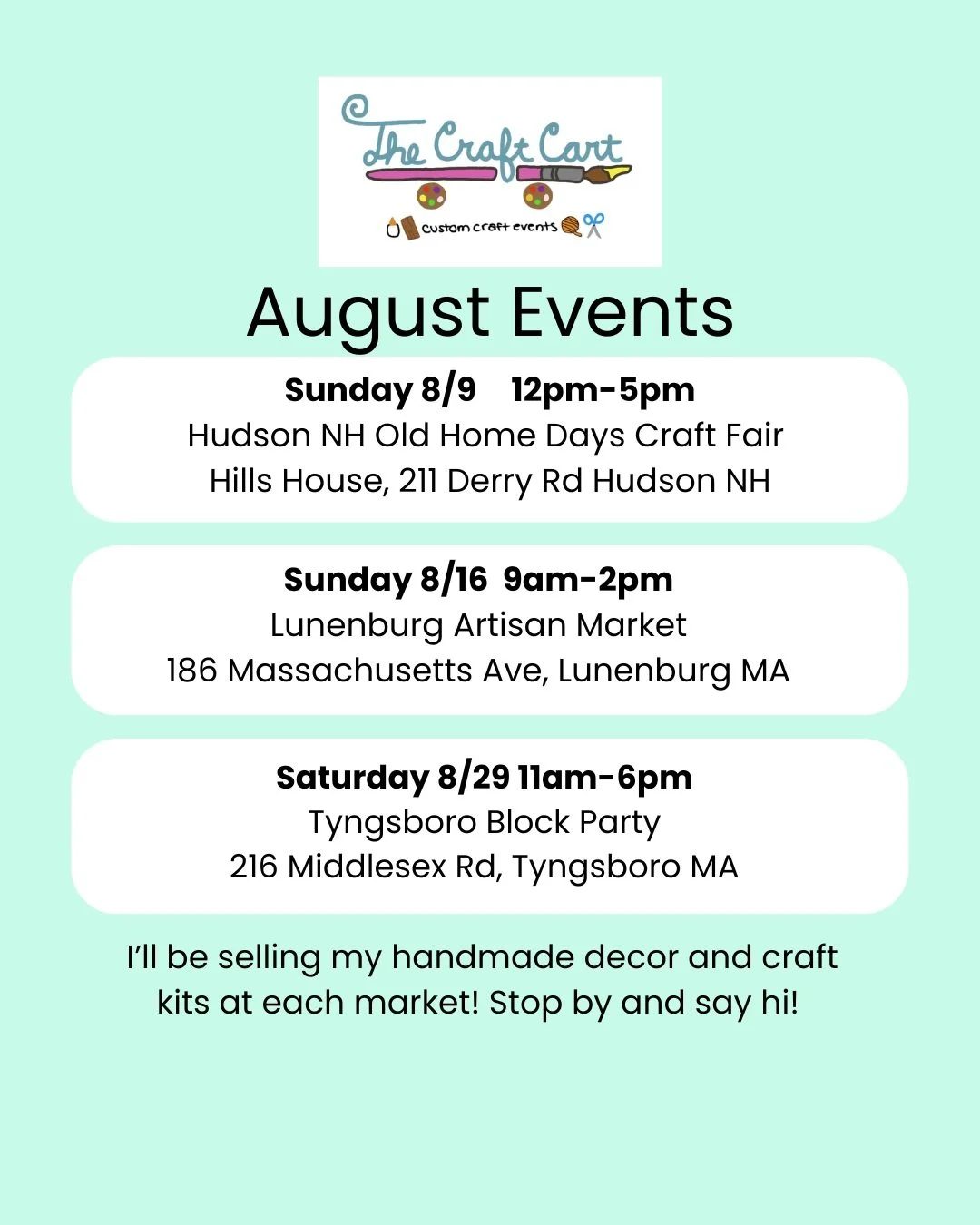 Here are our August events so far!! Come see me at one of these awesome events. I'll be selling my handmade decor and some fun craft kits!
@nicole_shmicole_makes