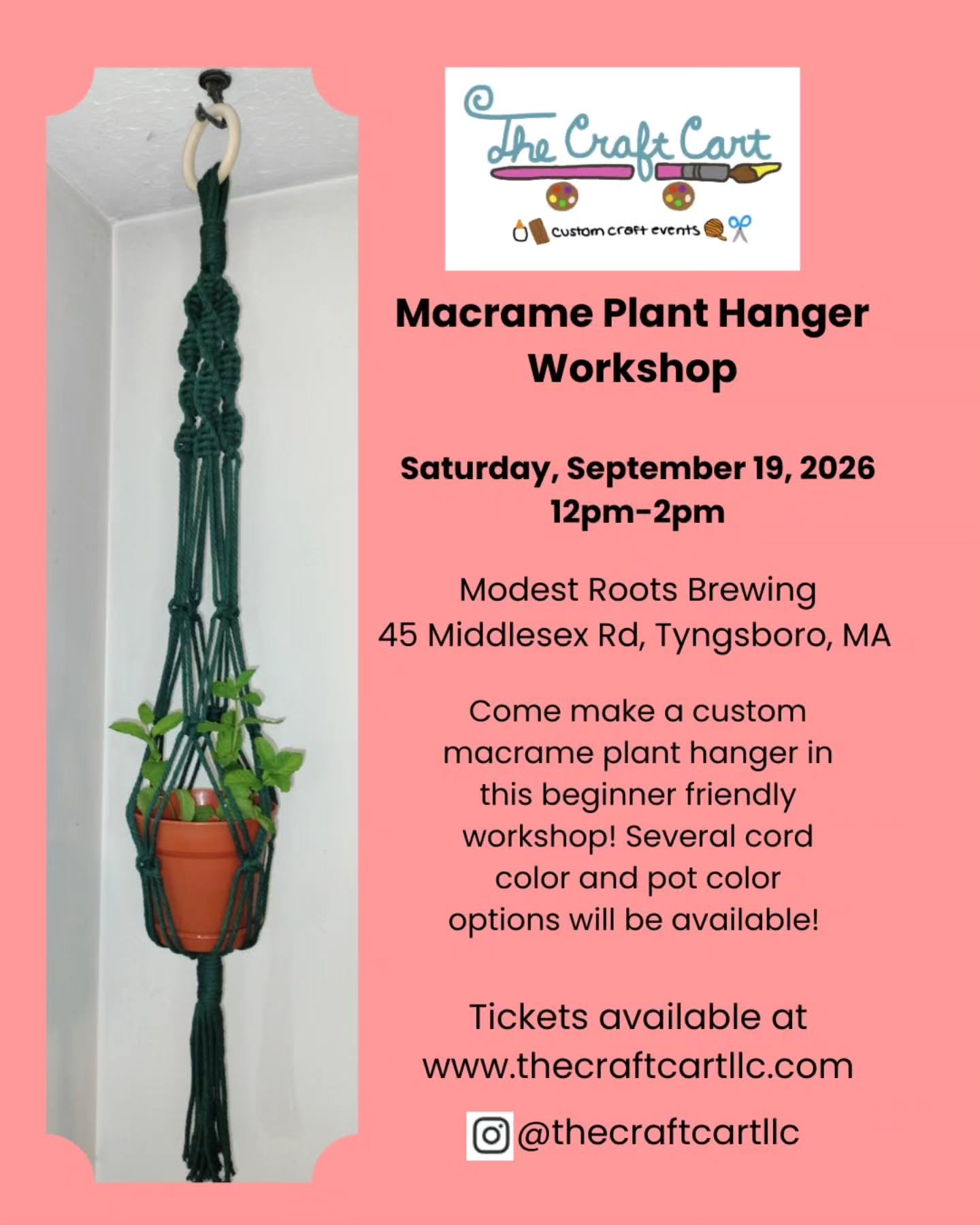 This coming Saturday 9/19!! Make your own macrame plant hanger!! Pots included!! (No plants though, sorry, but you could reach out to @rigglesbotanicals and get some cute plants from her lol) Several color choices available! Great for beginners. Come