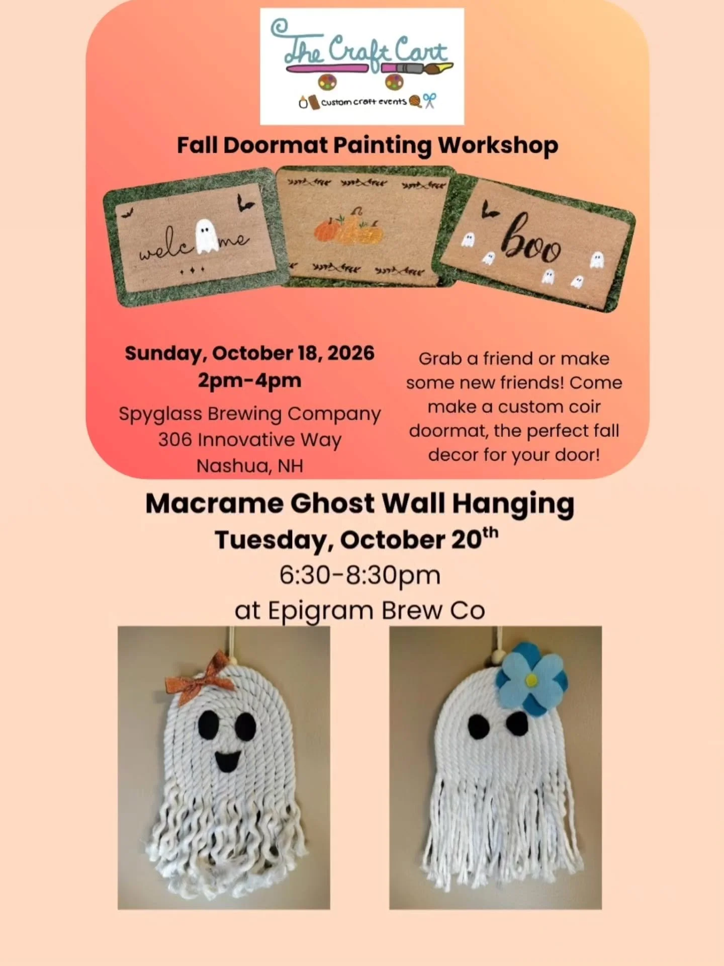 Our next two workshops will be here before you know it!
10/18 - Doormat Painting at Spyglass Brewing Company, Nashua NH
Don't want a halloween mat? No problem, I've got fall, winter, and other fun stencils!!
10/20 - Rope Ghost Wall Hanging at Epigram