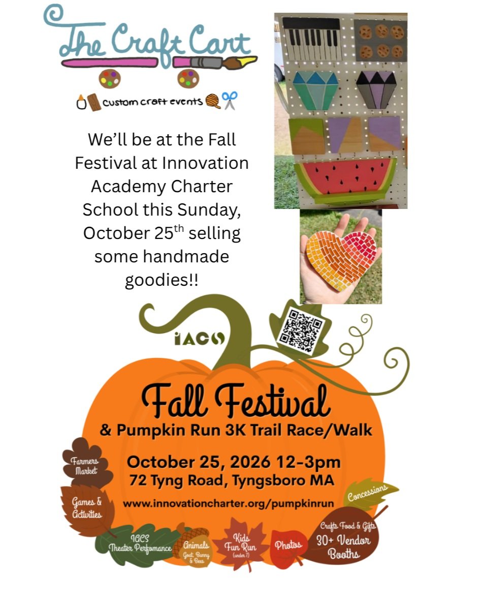 Join me and lots of other vendors at the Fall Festival at Innovation Academy Charter School this Sunday October 25th from 12-3pm! I'll be selling some handmade goodies: wood decor, crochet coasters, some mosaics, the usual little bit of everything. W