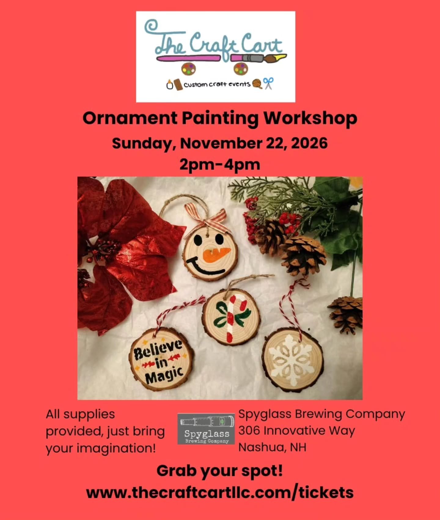 Back at @spyglassbrewing on Sunday November 22, 2026 from 2-4pm for some ornament painting. Each guest will get 4 ornaments to paint and I will bring lots of stencils, ribbons, and all the things!!
Tickets on my website!