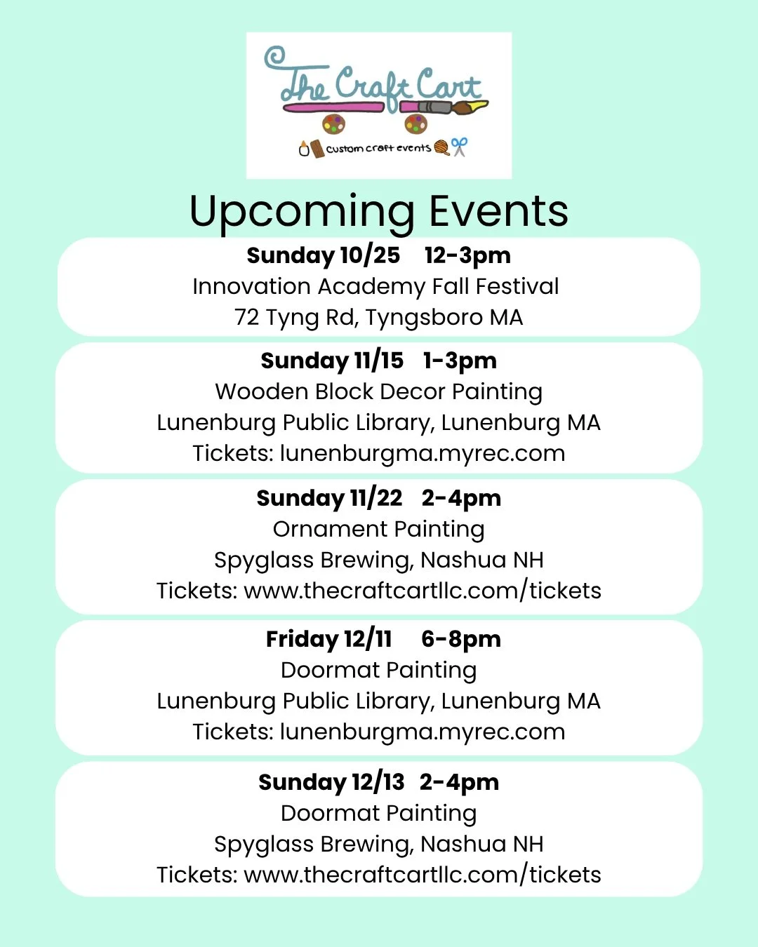 We've got a few workshops coming up over the next two months, come hang and enjoy making something beautiful! 
Tickets are available on my website, www.thecraftcartllc.com/tickets and the Lunenburg event tickets are available through the Lunenburg Re
