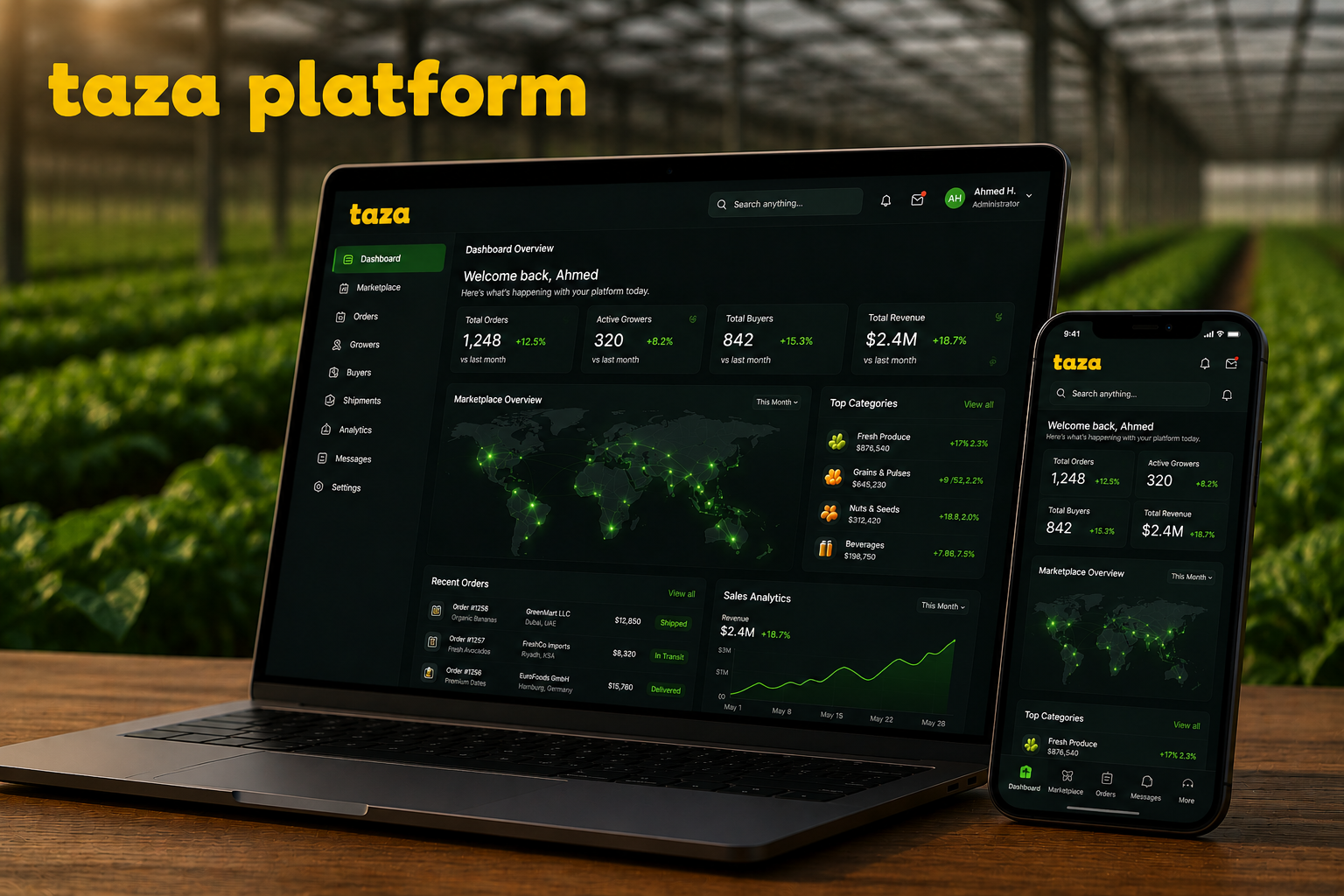 Taza platform dashboard in greenhouse setting