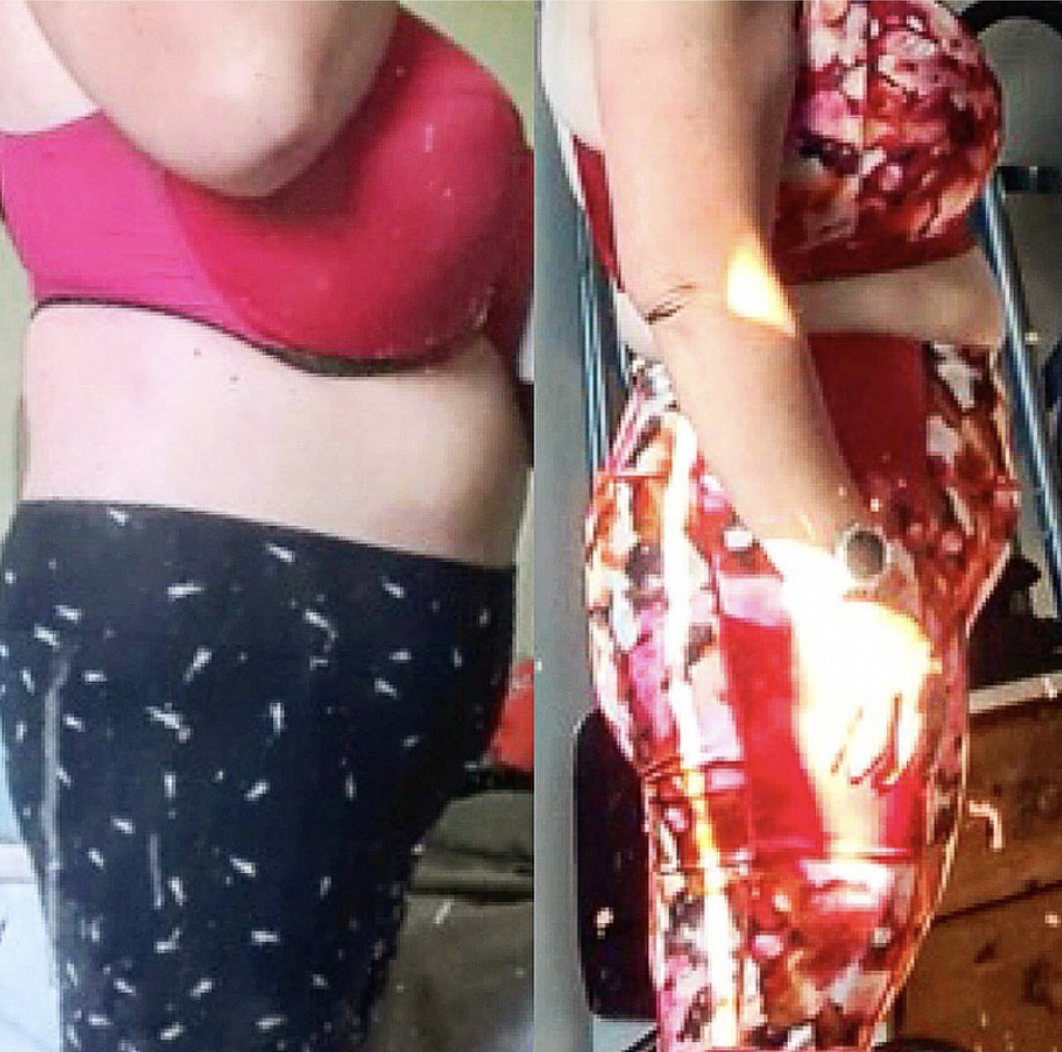 Side-by-side images of a woman wearing a pink top with leggings, shown from the waist up and the hips down, in different colorful outfits.