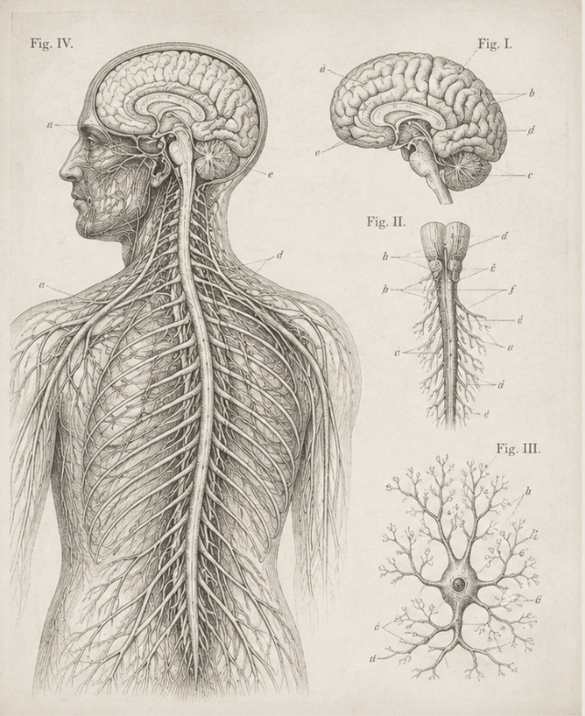 An anatomical illustration showing the human nervous system, including detailed drawings of the brain, spinal cord, and nerve networks.