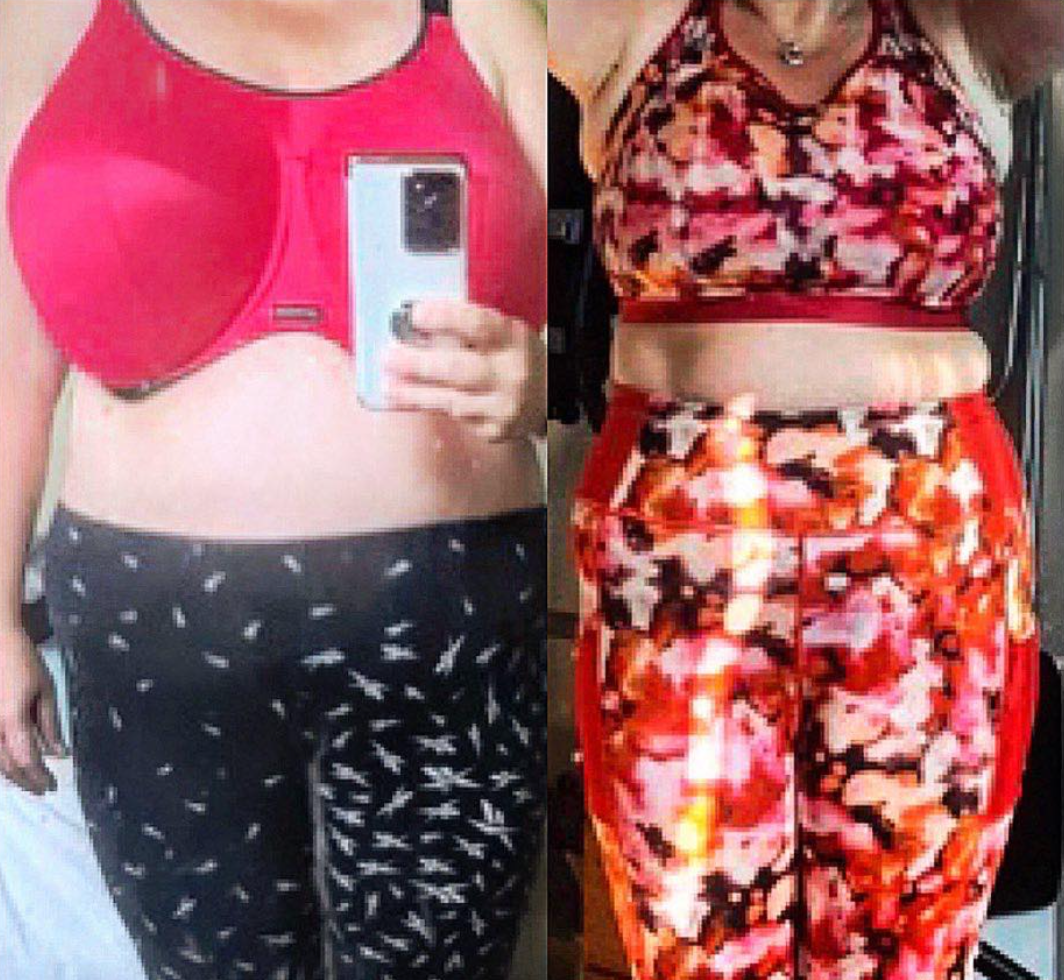 Side-by-side of a woman in a pink sports bra and patterned leggings taking a mirror selfie, and the same woman in a floral athletic outfit exposing her midriff.