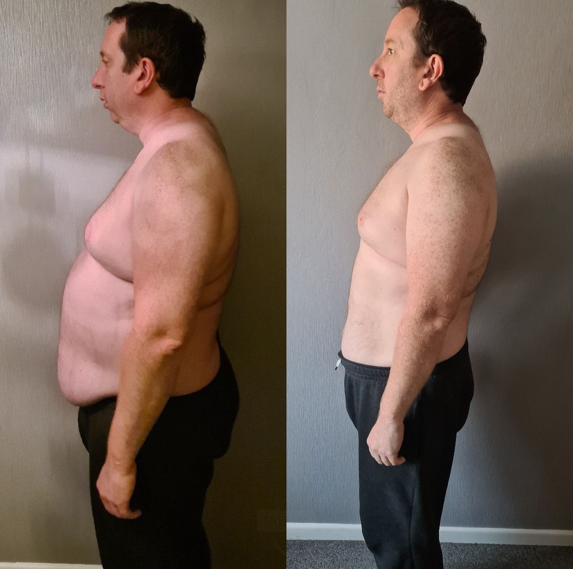 Side-by-side comparison of a shirtless man showing weight loss transformation, with the left side displaying more body fat and the right side showing a leaner physique.