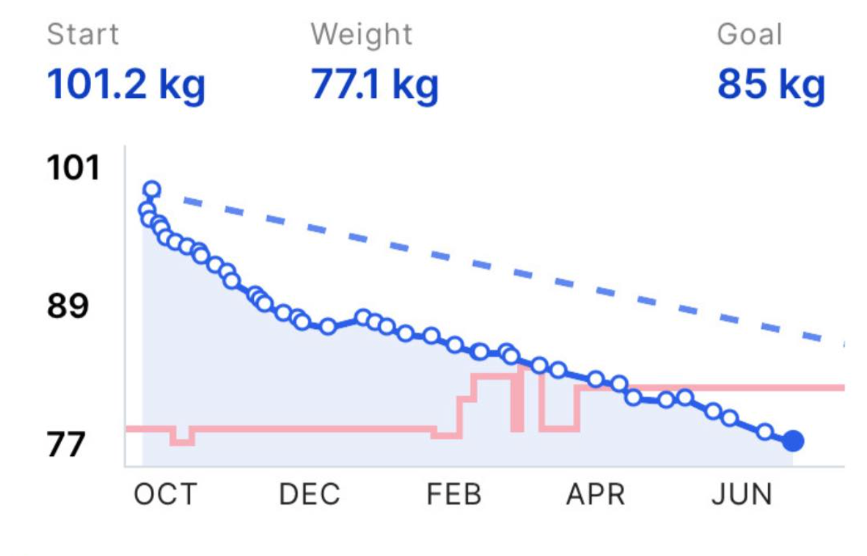 A line graph tracking weight loss from October to June, starting at 101.2 kg and ending near 77 kg, with goal weight 85 kg. The graph shows a downward trend in weight over time.