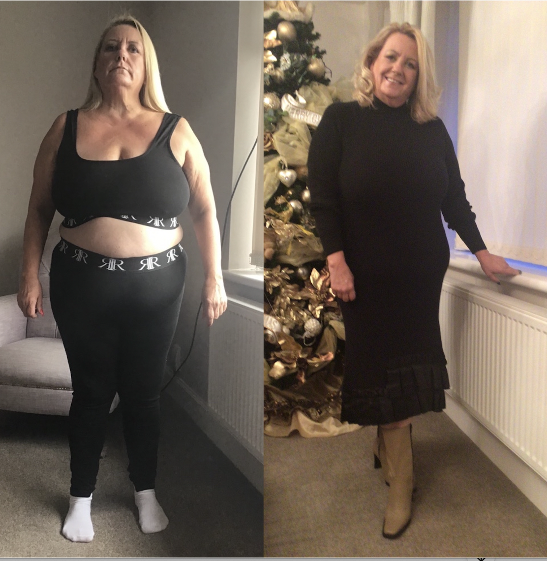Side-by-side images of a woman before and after weight loss, wearing black clothing, standing indoors with a Christmas tree in the background of the after photo.