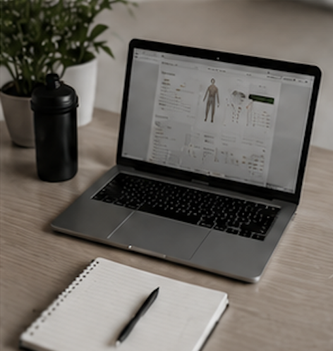 Open laptop displaying a health or fitness app with a human body diagram and data, placed on a wooden desk next to a black water bottle, a white notebook, and a pen, with a green potted plant nearby.