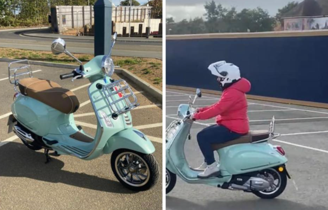 Side-by-side photos of a light blue electric scooter. The left photo shows it parked alone in an empty parking lot, and the right photo shows a person wearing a white helmet, pink jacket, and dark pants riding it.