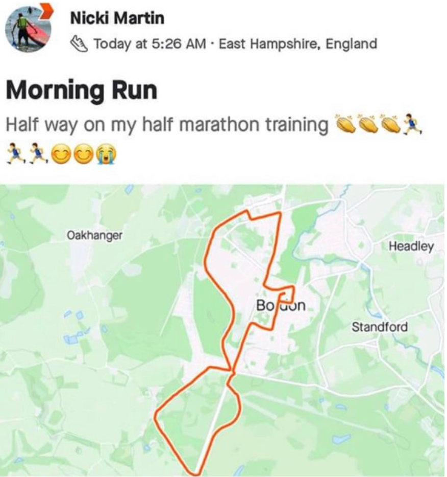 A smartphone screen showing a fitness tracking app with Nicki Martin's morning run details, including the time 5:26 AM in East Hampshire, England, and a map of her running route in Bo on. The route is marked in orange on a light green map background.