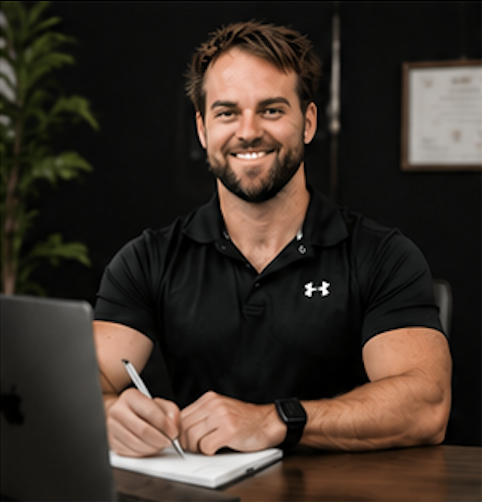 A smiling man with a beard, wearing a black Under Armour polo shirt, sitting at a desk with a laptop and notebook, in an indoor setting with a certificate on the wall and a plant in the background.