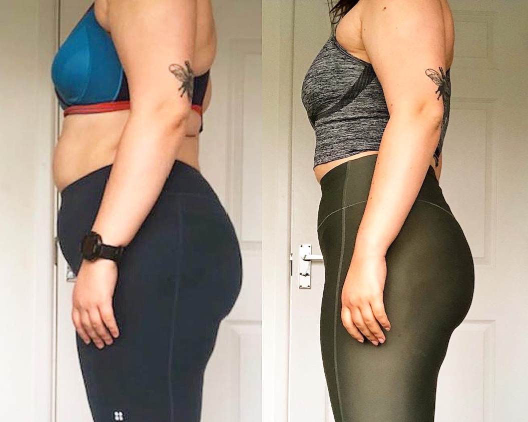 Side-by-side comparison of a woman's body before and after fitness transformation, showing weight loss and muscle toning.