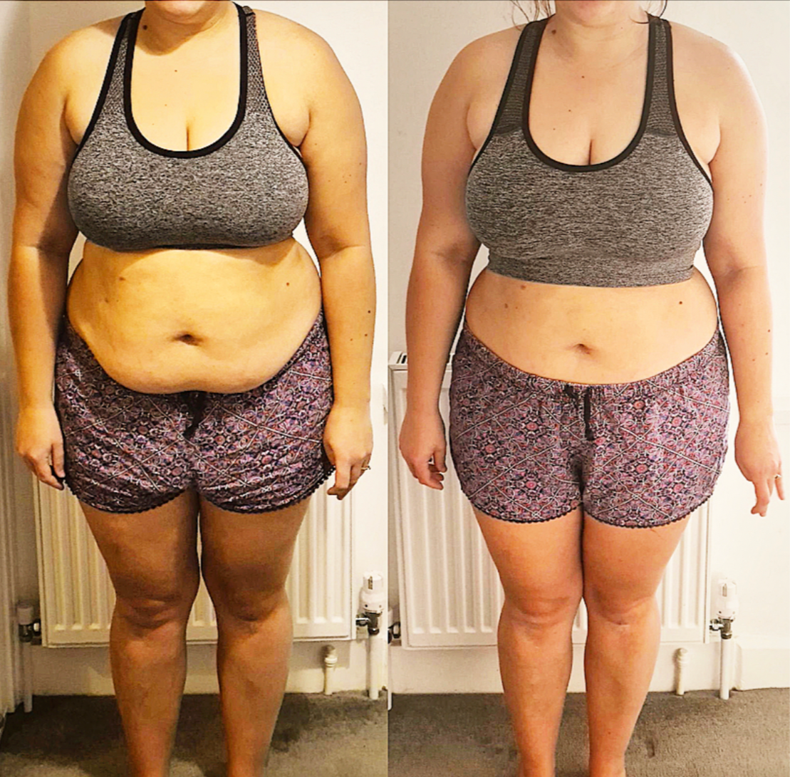 Before-and-after side-by-side photos of a woman showing weight loss, wearing matching athletic shorts and a sports bra, standing in front of radiators.