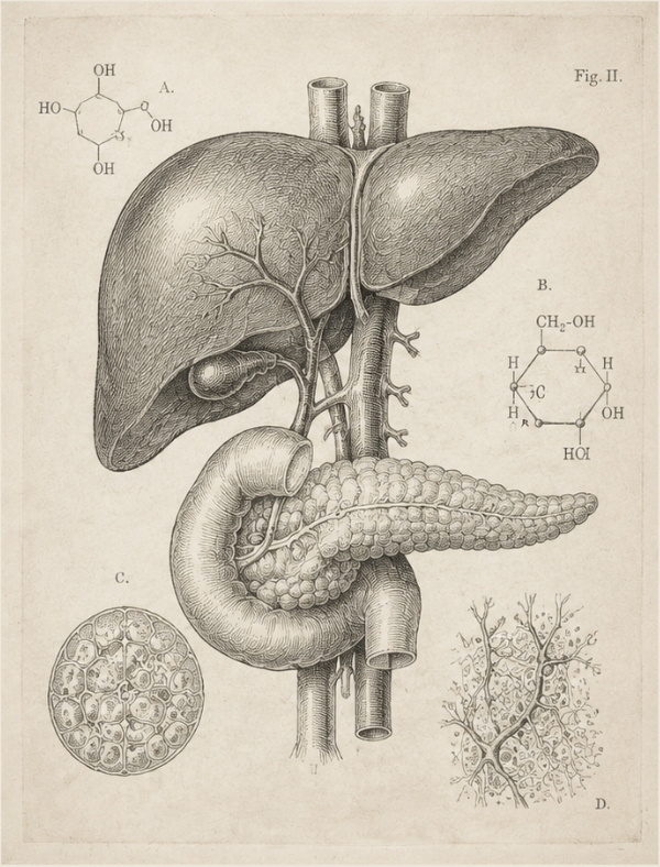 A vintage scientific illustration of the human liver, gallbladder, pancreas, and associated anatomy, including chemical structures of related molecules.