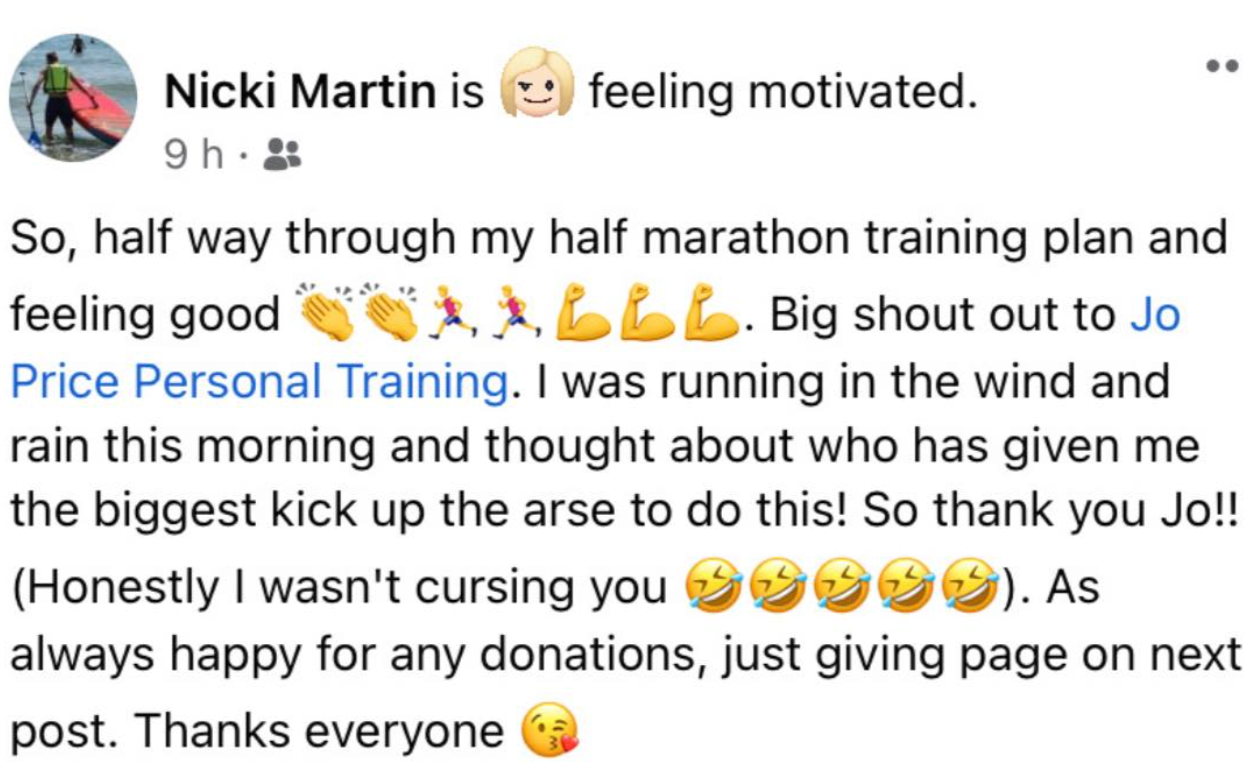 A Facebook post by Nicki Martin expressing motivation for half marathon training, with emojis of clapping, running, flexed biceps, laughing, and a kiss