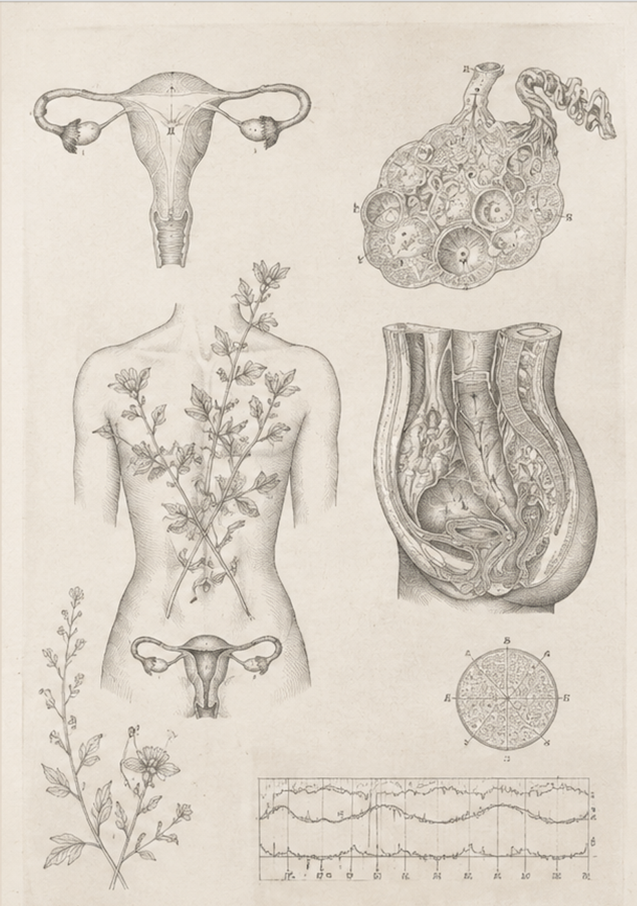Vintage medical illustrations of female reproductive system, plant with leaves, and anatomical cross-sections of internal organs.