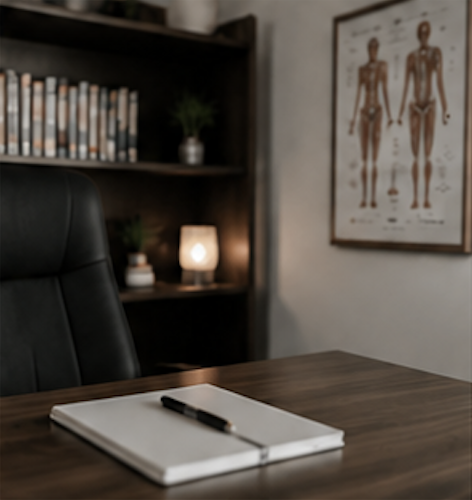 A tidy office desk with a closed notebook and pen, a black leather chair, a bookshelf with books, a potted plant, a small lamp, and a framed anatomical poster on the wall.