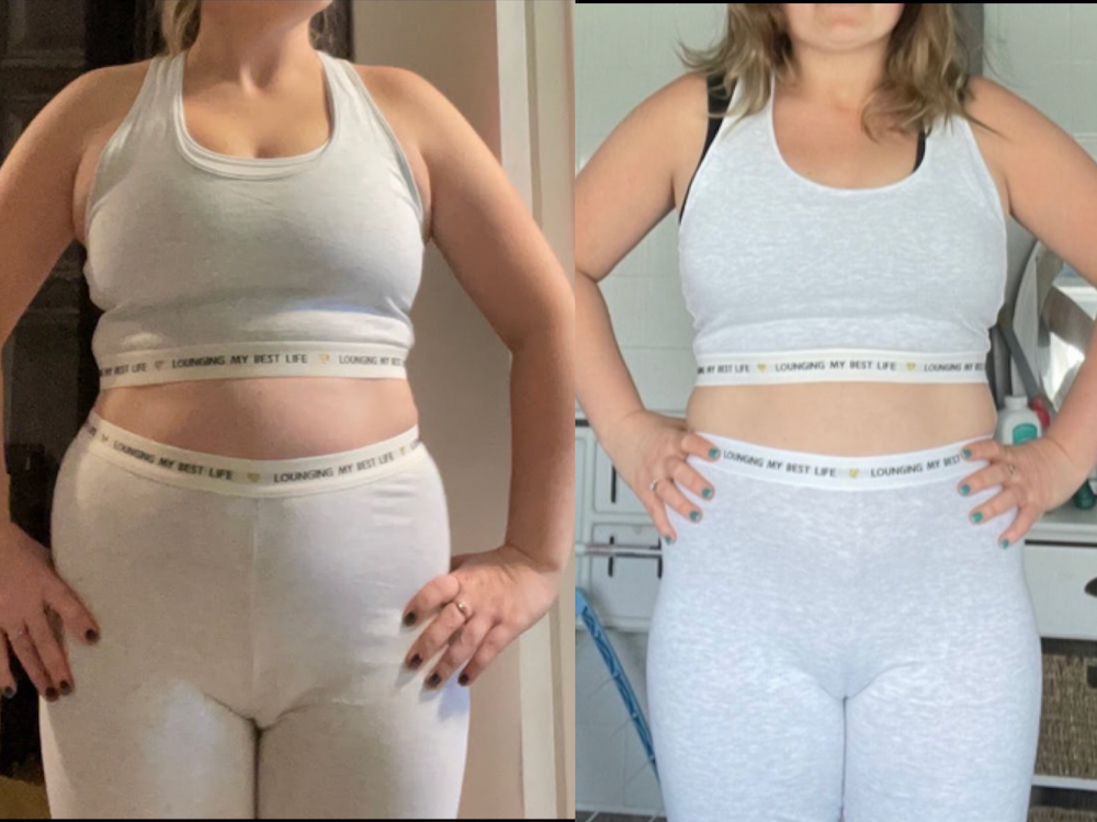 Side-by-side comparison photo of a woman before and after body transformation, wearing similar light gray workout outfits.
