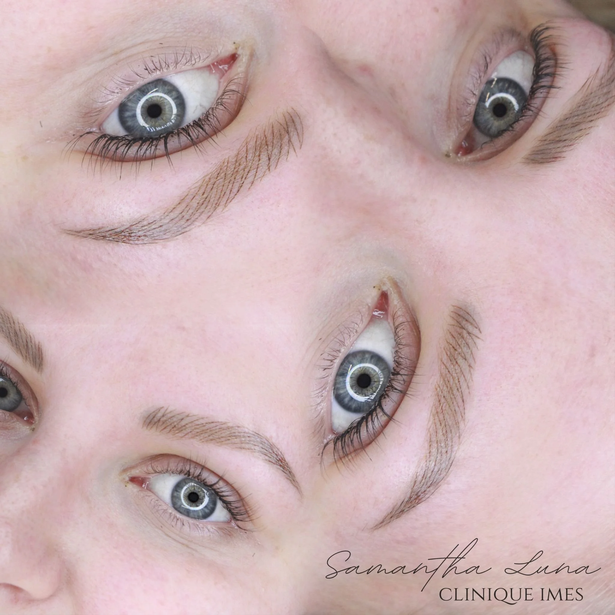 Close-up of a person's face, focusing on the eyes, with light skin, blue eyes, and eyebrows. The image appears to be part of an advertisement for Clinique Imes featuring a woman named Samantha Luna.