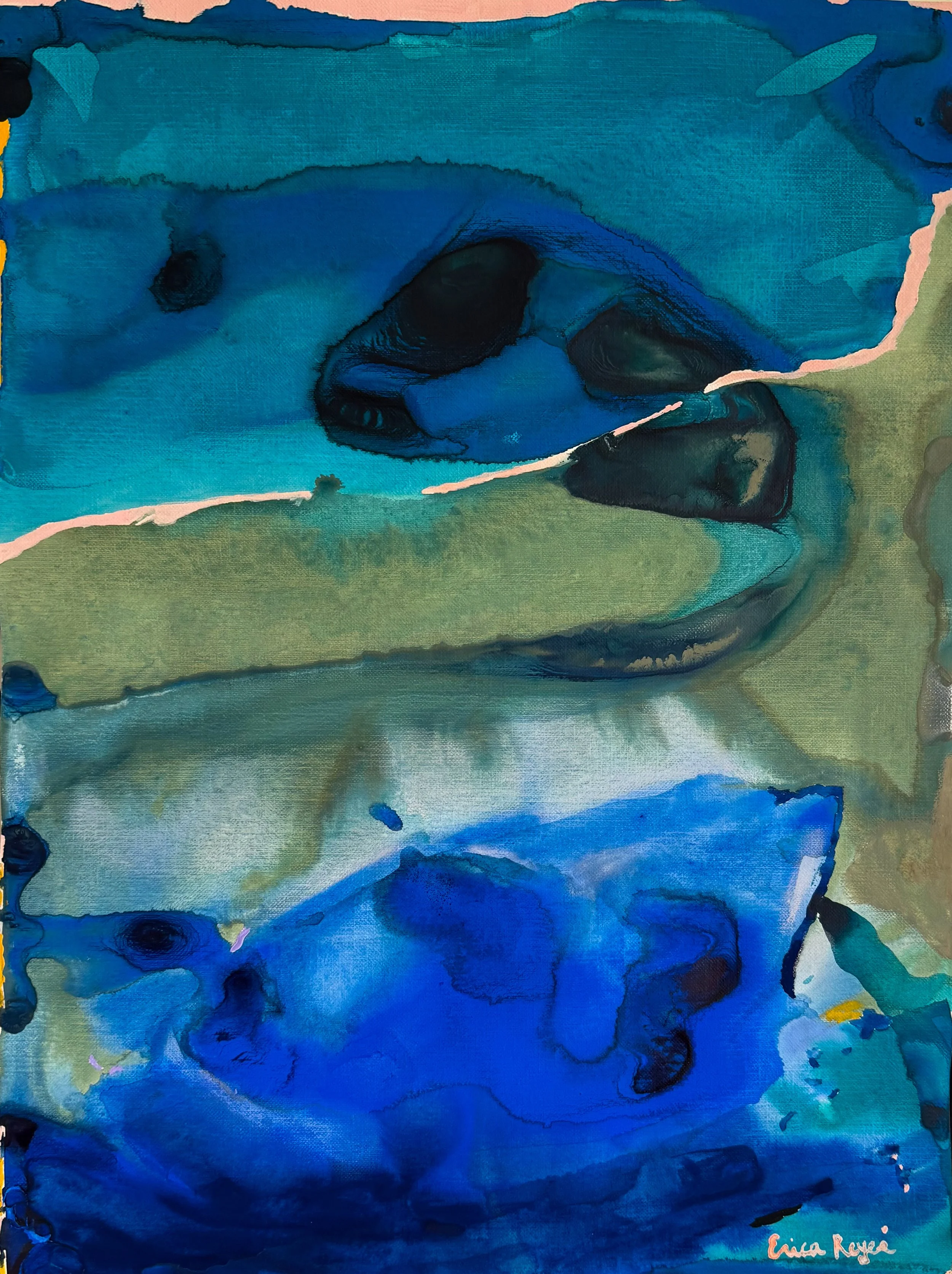Poolside Reflection, 2025. Gouache and oil on paper, 12x16