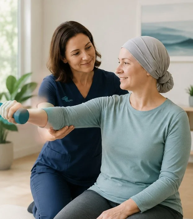 A woman with a headscarf is performing arm exercises with a light blue dumbbell guided by a healthcare professional.