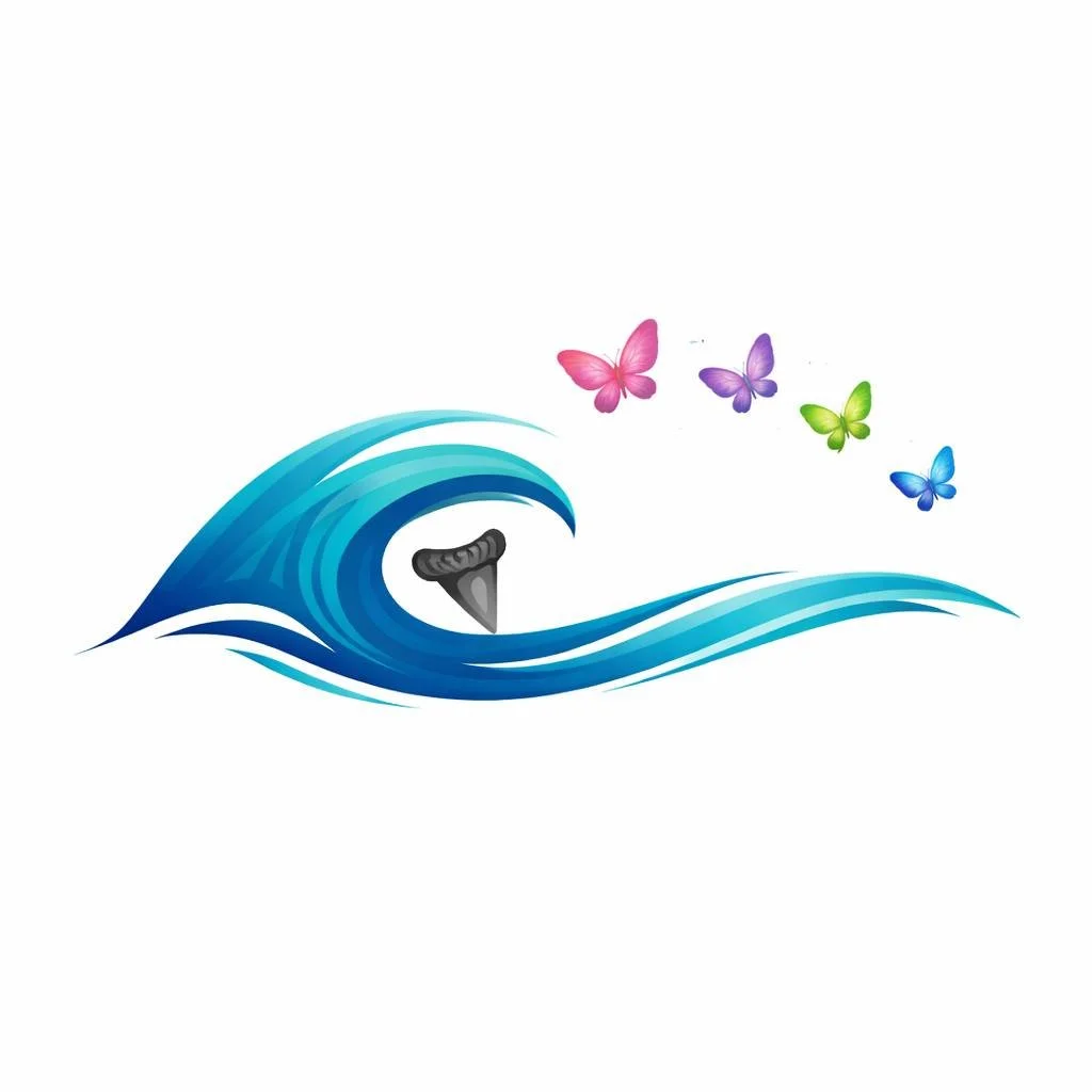 A stylized blue wave with a black shark fin and colorful butterflies flying above it.
