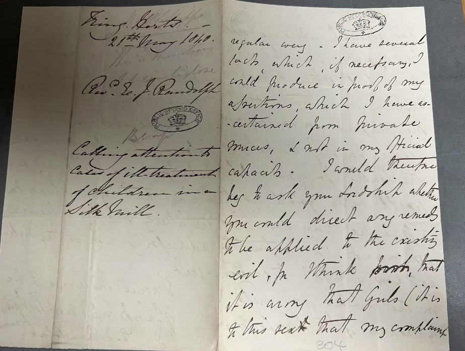 ff 304-307. Rev E J Randolph, concerning ill-treatment of children working in a silk. (1840)