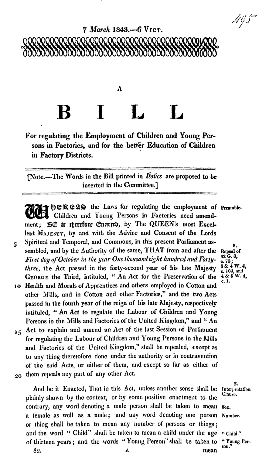 A Bill to Regulate the Employment of Children and Young Persons in Factories and Improve the Education of Children in Factory Districts, 1843