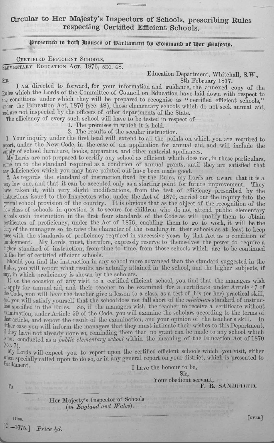 Circular to Her Majesty's Inspectors of Schools, prescribing Rules respecting Certified Efficient Schools, 1876