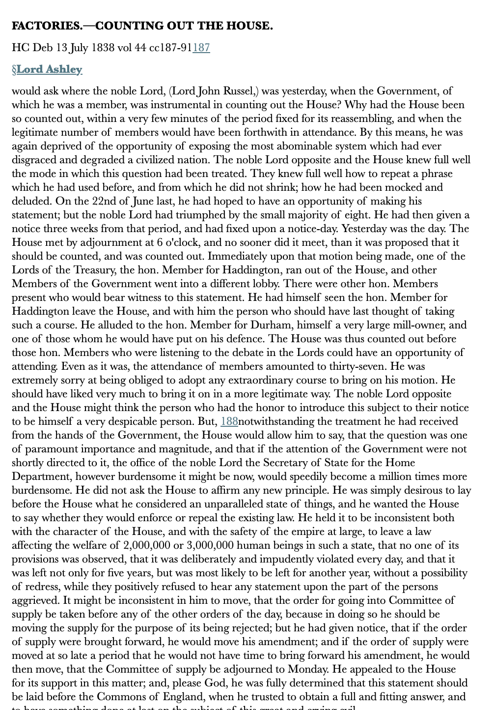 Factories—Counting Out the House — 13 July 1838 — Commons