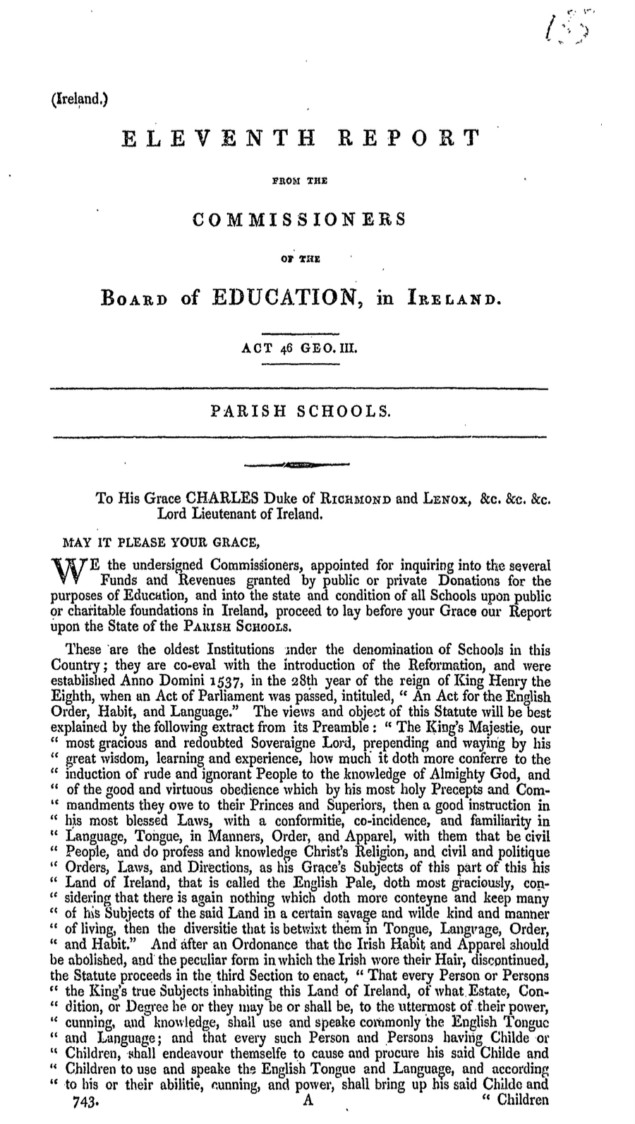 Commissioners of the Board of Education in Ireland: Eleventh Report on Parish Schools, with Reprinted Appendix, 1821
