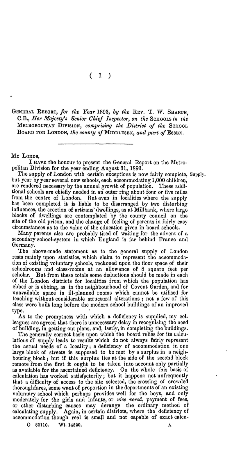 General Report for 1893 by Rev. T. W. Sharpe, C.B., Her Majesty’s Senior Chief Inspector of Schools (Metropolitan Division)